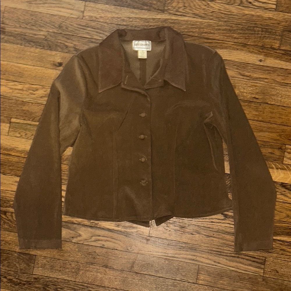 karin stevens Brown Blazer with Textured Fabric and Collared Design